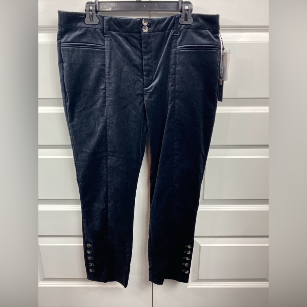 Anthropologie The Essential Slim Velvet Pants Black Size 14 Button Trousers
